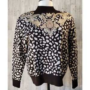 St. John Collection Marie Gray Brown Gold Sweater Size Small Metallic Rhinestone